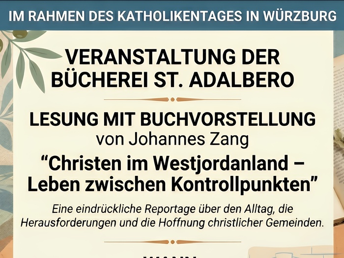 Das Bild ist ein Veranstaltungsplakat für eine Lesung mit Buchvorstellung der Bücherei St. Adalbero in Würzburg. Es zeigt Textinformationen, Datum, Uhrzeit, Ort und einige dekorative Elemente wie Bücher und einen Kaffeebecher.