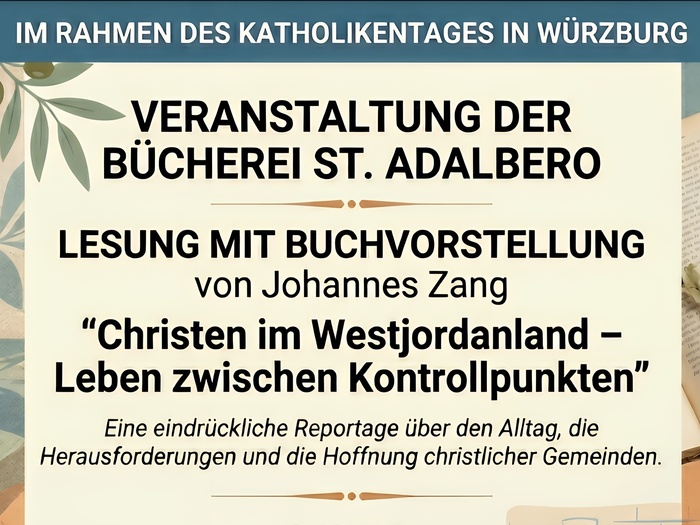 Das Bild ist ein Veranstaltungsplakat für eine Lesung mit Buchvorstellung der Bücherei St. Adalbero in Würzburg. Es zeigt Textinformationen, Datum, Uhrzeit, Ort und einige dekorative Elemente wie Bücher und einen Kaffeebecher.