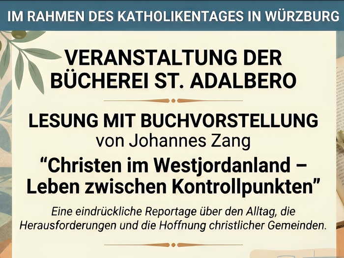 Das Bild ist ein Veranstaltungsplakat für eine Lesung mit Buchvorstellung der Bücherei St. Adalbero in Würzburg. Es zeigt Textinformationen, Datum, Uhrzeit, Ort und einige dekorative Elemente wie Bücher und einen Kaffeebecher.