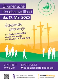 Ein in gelb, grün und violett gehaltenes Einladungsplakat. Menschen sind unterwegs und man sieht die drei Kreuze auf dem Kreuzberg.