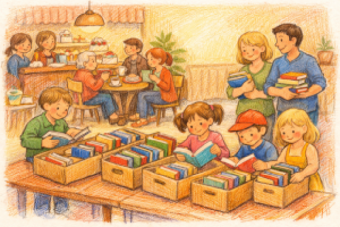 Das Bild zeigt eine lebhafte Szene auf einem Flohmarkt. Mehrere Kinder und Erwachsene sitzen und stehen um einen Tisch, der mit Büchern und Comics gefüllt ist. Die Atmosphäre ist fröhlich und geschäftig, mit Menschen, die in die Bücher vertieft sind.